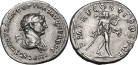 Trajan (98-117). AR Denarius, 114-117 AD. Obv. Laureate and draped bust right. Rev. Mars advancing right, holding spear and trophy over shoulder. RIC ...