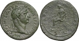 Trajan (98-117). AE Sestertius, struck 98-99 AD. Obv. Laureate head of Trajan right. Rev. Pax seated to left, holding branch in her right hand and lon...