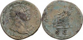 Trajan (98-117). AE Dupondius, 114-117 AD. Obv. Radiate bust right, wearing aegis. Rev. Fortuna seated left, holding rudder and cornucopiae. RIC II 62...