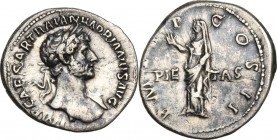 Hadrian (117-138). AR Denarius, 117 AD. Obv. Bust right, laureate, draped on left shoulder. Rev. Pietas standing left, raising right hand. RIC II 45. ...