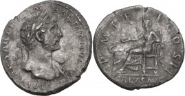Hadrian (117-138). AR Denarius, 119-122 AD. Obv. Laureate bust right, with slight drapery on far shoulder. Rev. Salus seated left, feeding snake coile...