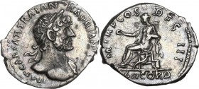 Hadrian (117-138). AR Denarius, 118 AD. Obv. Laureate bust right, slight drapery. Rev. Concordia seated left on throne, holding patera and resting arm...