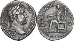 Hadrian (117-138). AR Denarius, 134-138 AD. Obv. Bare head right. Rev. Fortuna seated left, holding rudder and cornucopiae. RIC II 247. AR. 3.25 g. 19...