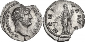Hadrian (117-138). AR Denarius, 134-138 AD. Obv. Bare bust right. Rev. Moneta standing facing, head left, holding scales and cornucopiae. RIC II 256. ...