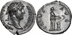 Hadrian (117-138). AR Denarius, 133-135. Obv. Head right, laureate. Rev. Salus standing right, feeding from patera snake coiled around altar. RIC II-p...