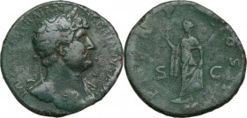 Hadrian (117-138). AE Sestertius, 121-123. Obv. Bust right, laureate, draped on left shoulder. Rev. Spes standing left, holding flower and raising ski...