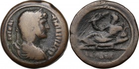 Hadrian (117-138). AE 34 mm. Alexandria mint (Egypt), 127-128. Obv. Bust right, laureate, draped. Rev. Nile reclining left on crocodile, holding Victo...