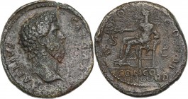 Aelius Caesar (136-138). AE Sestertius. Struck under Hadrian, 137 AD. Obv. Bare head right. Rev. Concordia seated left, holding patera and resting lef...