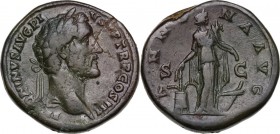 Antoninus Pius (138-161). AE Sestertius, 141-143 AD. Obv. Laureate bust right. Rev. Annona standing facing, head left, holding grain ears and cornucop...