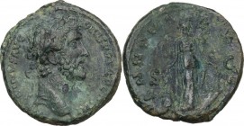 Antoninus Pius (138-161). AE As, 140-144. Obv. Head right, laureate. Rev. Annona standing right, holding corn-ears over modius and cornucopiae; to rig...