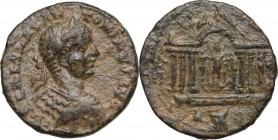 Elagabalus (218-222 AD). AE 28 mm. Tyre mint (Phoenicia). Obv. Laureate, draped and cuirassed bust right. Rev. Hexastyle temple, containing Tyche-Asta...