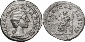 Julia Soemias, mother of Elagabalus (died 222 AD). AR Denarius. Struck under Elagabalus, 218-222. Obv. Bust right, draped. Rev. Venus seated left, hol...