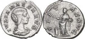 Julia Maesa, grandmother of Elagabalus (died 225 AD). AR Denarius. Struck under Elagabalus, 218-220 AD. Obv. Draped bust right. Rev. Pietas standing l...