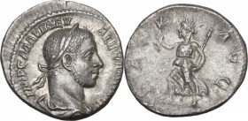 Severus Alexander (222-235). AR Denarius, 222-228. Obv. Laureate, draped and cuirassed bust right. Rev. Pax running left, holding olive branch and sce...