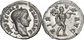Severus Alexander (222-235). AR Denarius, 228 AD. Obv. Laureate bust right, wearing slight beard. Rev. Severus Alexander (as Romulus) advancing right,...