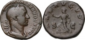 Severus Alexander (222-235). AE Sestertius, 227 AD. Obv. Laureate and draped bust right. Rev. Pax running left, holding olive branch and scepter. RIC ...