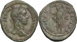 Severus Alexander (222-235). AE Sestertius, 230 AD. Obv. Laureate bust right, with slight drapery over his left shoulder. Rev. Sol standing left, rais...