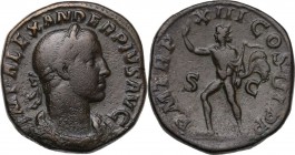 Severus Alexander (222-235). AE Sestertius, January-March 235 AD. Obv. Laureate, draped and cuirassed bust right. Rev. Sol walking left, raising right...