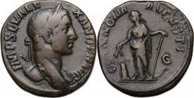 Severus Alexander (222-235). AE Sestertius, 231 AD. Obv. Laureate bust right, draped on far shoulder. Rev. Annona standing left, holding grain ears an...