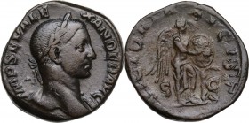 Severus Alexander (222-235). AE Sestertius. Obv. Laureate bust right with drapery on far shoulder. Rev. Victory standing right, writing VOT X on shiel...
