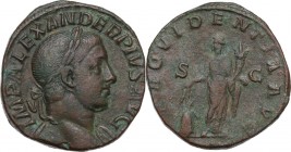 Severus Alexander (222-235). AE Sestertius, 232 AD. Obv. Laureate bust right, slight drapery on left shoulder and wearing slight beard. Rev. Provident...