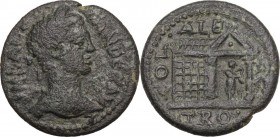Severus Alexander (222-235). AE 25 mm. Alexandria Troas mint (Troas). Obv. Laureate head right. Rev. Distyle temple, seen in perspective, containing s...