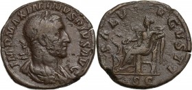 Maximinus I (235-238). AE Sestertius, 236 AD. Obv. Laureate, draped, and cuirassed bust right. Rev. Salus seated left, resting left elbow on chair, fe...