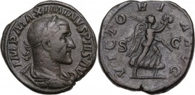 Maximinus I (235-238). AE Sestertius, 235-238 AD. Obv. Laureate, draped and cuirassed bust right. Rev. Victoria advancing right, holding wreath and pa...