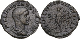 Maximus as Caesar (235-238). AE Sestertius, 236-237 AD. Obv. Bare-headed and draped bust right. Rev. Maximus standing left, holding baton and spear; b...