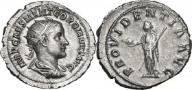 Gordian III (238-244). AR Antoninianus, Rome mint, 238-239 AD. Obv. Radiate, draped and cuirassed bust right. Rev. Providentia standing left, holding ...