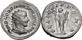 Gordian III (238-244). AR Antoninianus, 244 AD. Obv. Radiate, draped, and cuirassed bust right. Rev. Felicitas standing left, holding long caduceus an...