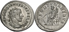 Gordian III (238-244). AR Antoninianus, 243-244 AD. Obv. Bust right, radiate, draped, cuirassed. Rev. Fortuna seated left on wheel, holding rudder and...