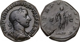 Gordian III (238-244). AE Sestertius. Obv. Laureate, draped and cuirassed bust right. Rev. Gordian in military dress, holding transverse spear and glo...