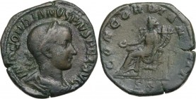 Gordian III (238-244). AE Sestertius, 240 AD. Obv. Bust right, laureate, draped, cuirassed. Rev. Concordia seated left, holding patera and double corn...