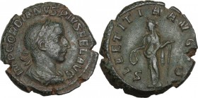 Gordian III (238-244). AE As, 241 AD. Obv. Laureate, draped and cuirassed bust right. Rev. Laetitia standing facing, head left, holding wreath and sce...