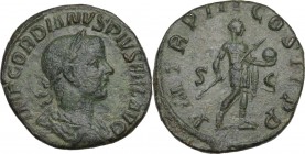 Gordian III (238-244). AE Sestertius, 240 AD. Obv. Laureate, draped and cuirassed bust right. Rev. Emperor standing right, holding spear and globe. RI...