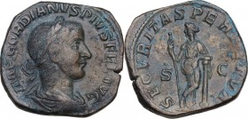 Gordian III (238-244). AE Sestertius, 243 AD. Obv. Laureate, draped and cuirassed bust right. Rev. Securitas standing left, legs crossed, holding scep...