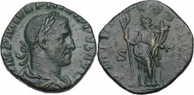 Philip I (244-249). AE Sestertius, 248 AD. Obv. Laureate, draped and cuirassed bust right. Rev. Felicitas standing left, holding long caduceus and cor...