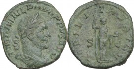 Philip I (244-249). AE Sestertius, 248 AD. Obv. Laureate, draped and cuirassed bust right. Rev. Nobilitas standing right, holding vertical sceptre and...
