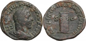Philip I (244-249). AE Sestertius, 248 AD. Obv. Bust right, laureate, draped, cuirassed. Rev. Low column inscribed COS / III. RIC IV 157. AE. 18.90 g....