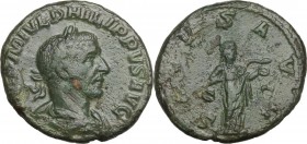 Philip I (244-249). AE As, 244-249 AD. Obv. Laureate and draped bust right. Rev. Salus standing right, feeding snake held in both arms. RIC IV 186b. A...