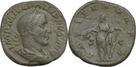 Philip I (244-249). AE Sestertius, 244-249 AD. Obv. Laureate, draped and cuirassed bust right. Rev. Laetitia standing left, holding wreath and rudder....
