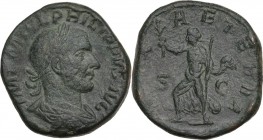 Philip I (244-249). AE Sestertius, 244-249 AD. Obv. Laureate, draped and cuirassed bust right. Rev. Pax advancing left, holding olive branch and scept...