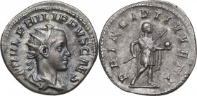 Philip II (244-249). AR Antoninianus. Obv. Radiate, draped and cuirassed bust right. Rev. Philip, in military attire, standing right, holding globe an...