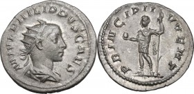 Philip II (244-249). AR Antoninianus. Obv. Bust right, radiate, draped, cuirassed. Rev. Emperor standing left in military attire, holding globe and sp...