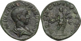 Philip II (244-249). AE Sestertius, 245 AD. Obv. Bareheaded and draped bust right. Rev. Philip II standing right, holding spear and globe. RIC IV (Phi...