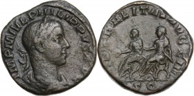 Philip II (244-249). AE Sestertius. Obv. Bust right, laureate, draped, cuirassed. Rev. Philip I and Philip II seated left on curule chairs. RIC IV (Ph...