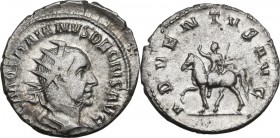 Trajan Decius (249-251). AR Antoninianus. Obv. Radiate and cuirassed bust right. Rev. Emperor on horseback left, raising hand and holding sceptre. RIC...