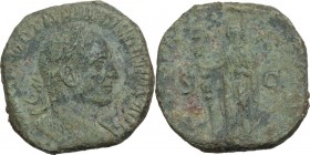 Trajan Decius (249-251). AE Sestertius, 249-250 AD. Obv. Laureate and cuirassed bust right. Rev. Dacia standing left, holding staff surmounted by head...