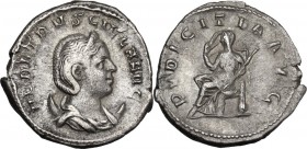 Herennia Etruscilla, wife of Trajan Decius (249-251). AR Antoninianus, 250 AD. Obv. Diademed and draped bust right, set on crescent. Rev. Pudicitia se...